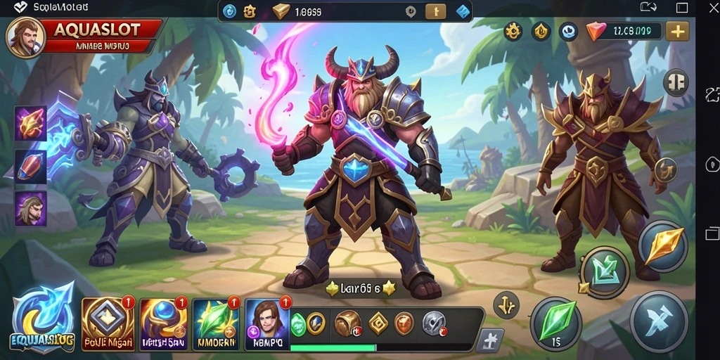 Screenshot gameplay AQUASLOT yang menampilkan pertarungan seru dan dunia yang luas.