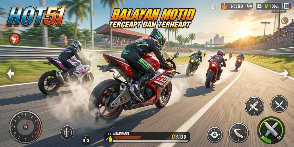 Tampilan gameplay HOT51 yang mendebarkan dengan aksi balapan motor.