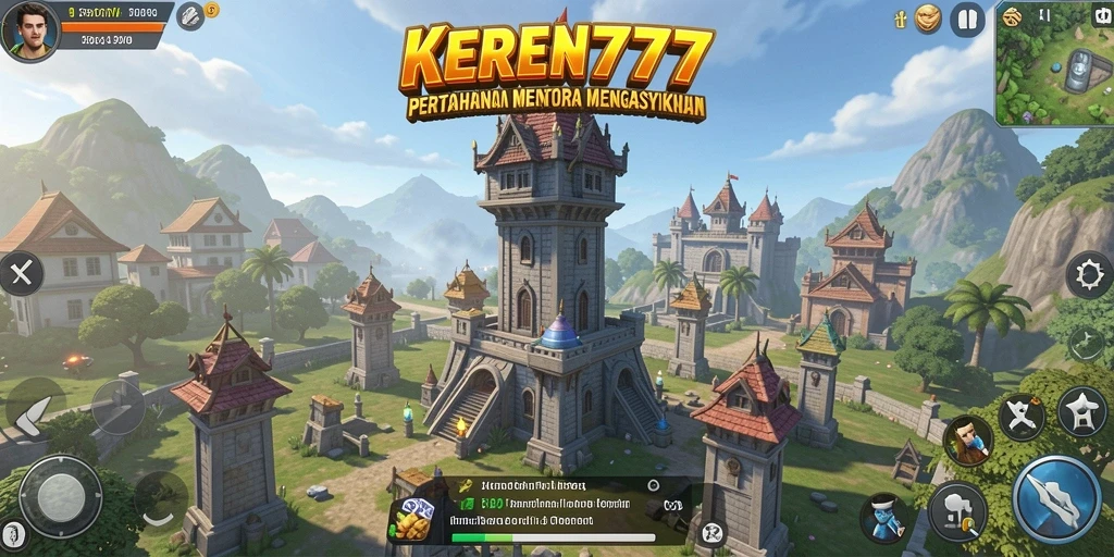 Screenshot utama KEREN777 menampilkan aksi pertahanan menara yang seru.