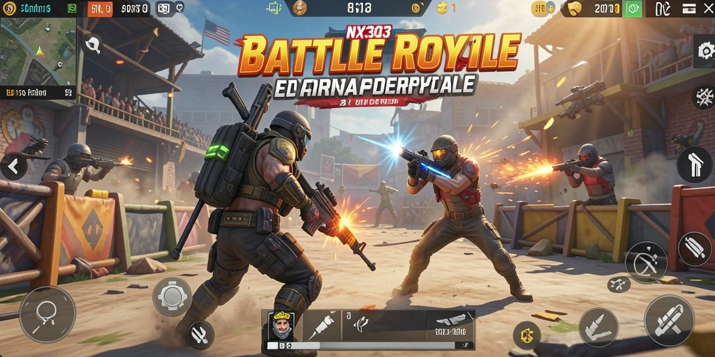 Screenshot gameplay NX303 menampilkan aksi mendebarkan di medan perang Battle Royale.