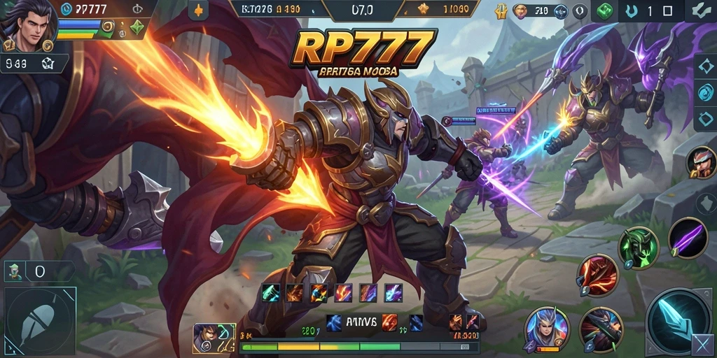 Screenshot utama RP777 menampilkan pertarungan intens di arena MOBA.