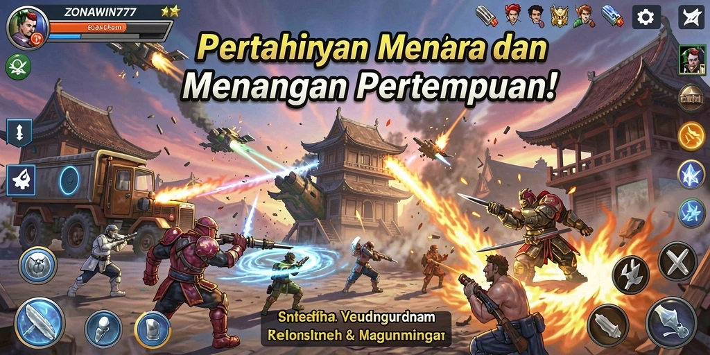 Screenshot gameplay ZONAWIN777 menampilkan aksi Tower Defense yang mendebarkan.